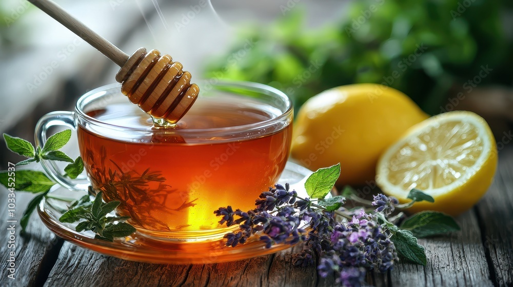 Honey Dripping into Tea with Lemon and Herbs Honey Dripping into Tea with Lemon and Herbs