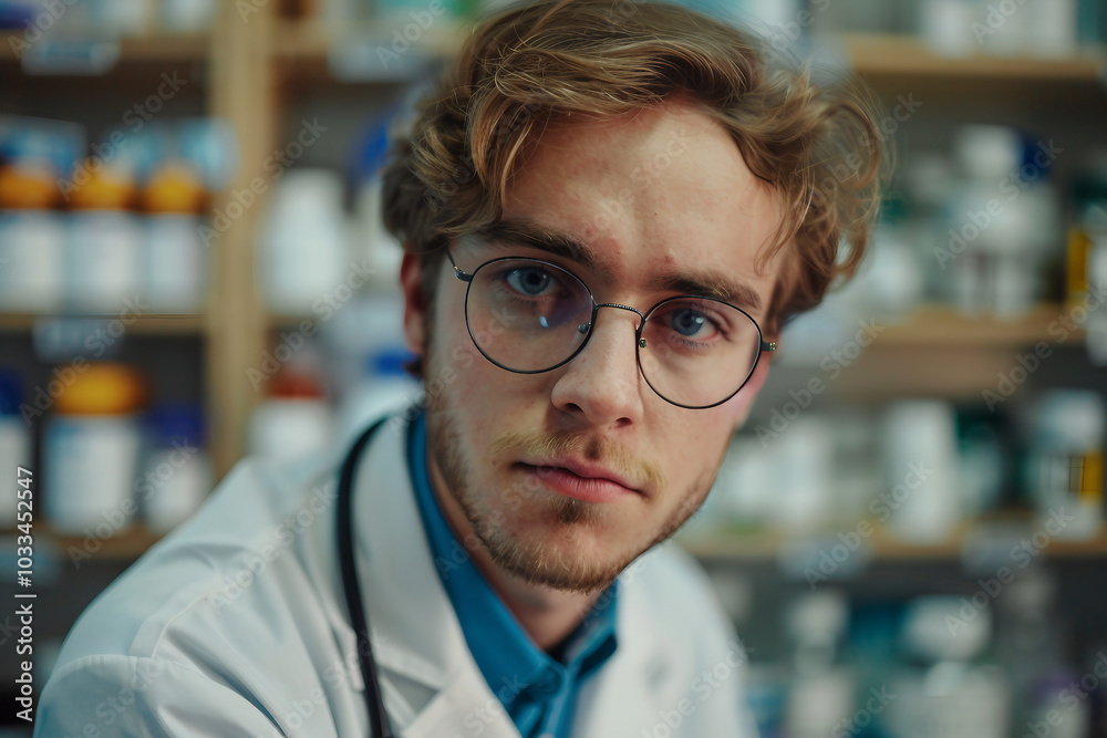 Pharmacist with a white lab coat standing confidently in front of medicine shelves generative AI Pharmacist with a white lab coat standing confidently in front of medicine shelves generative AI