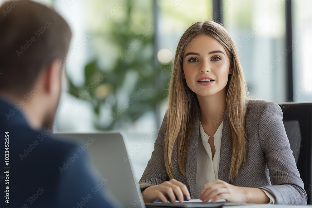 Professional woman in job interview at modern office desk Professional woman in job interview at modern office desk