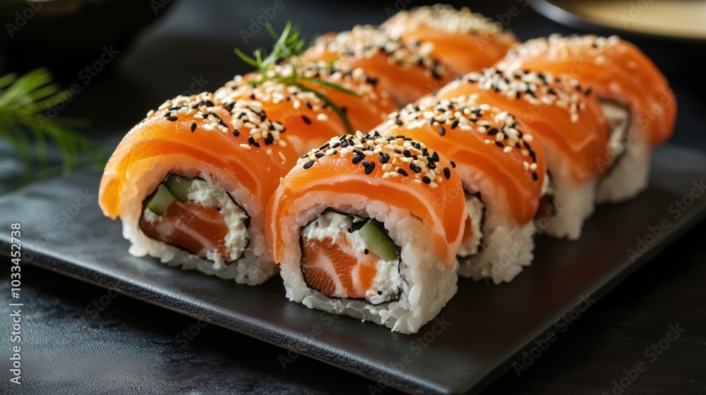 Sushi rolls with salmon, cream cheese, cucumber, sesame seeds, served on black plate Sushi rolls with salmon, cream cheese, cucumber, sesame seeds, served on black plate
