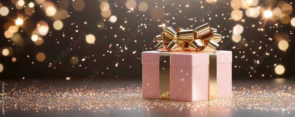 Shiny gift box with bow on soft background, perfect for festive vibes and personalized messages below. Shiny gift box with bow on soft background, perfect for festive vibes and personalized messages below.