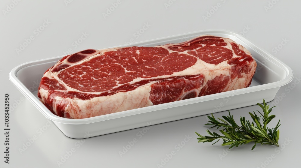 Fresh Beef Steak on Plastic Tray with Herb Garnish Fresh Beef Steak on Plastic Tray with Herb Garnish