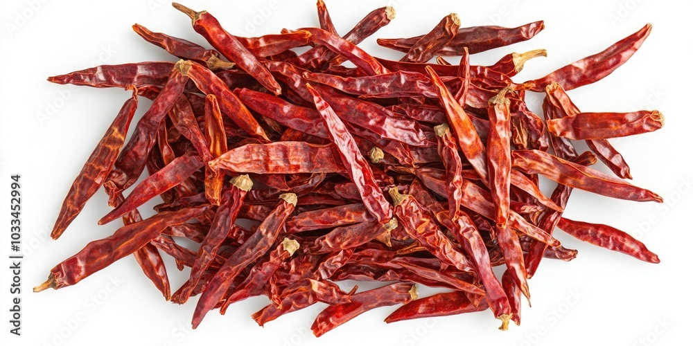 Fototapeta premium Top view of dried red chili isolated on a white background.