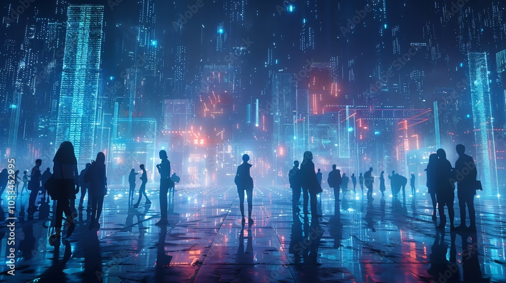 Obraz premium A dynamic background depicting a crowd in cyberspace, symbolizing the growth of the internet and technology. This image reflects the intersection of commerce and economy in the digital age.