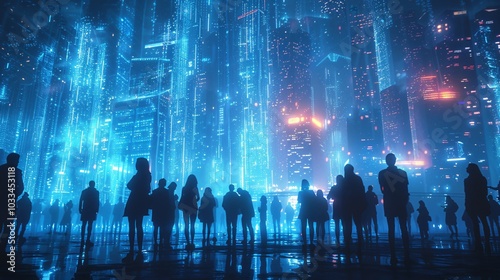 A dynamic background depicting a crowd in cyberspace, symbolizing the growth of the internet and technology. This image reflects the intersection of commerce and economy in the digital age.