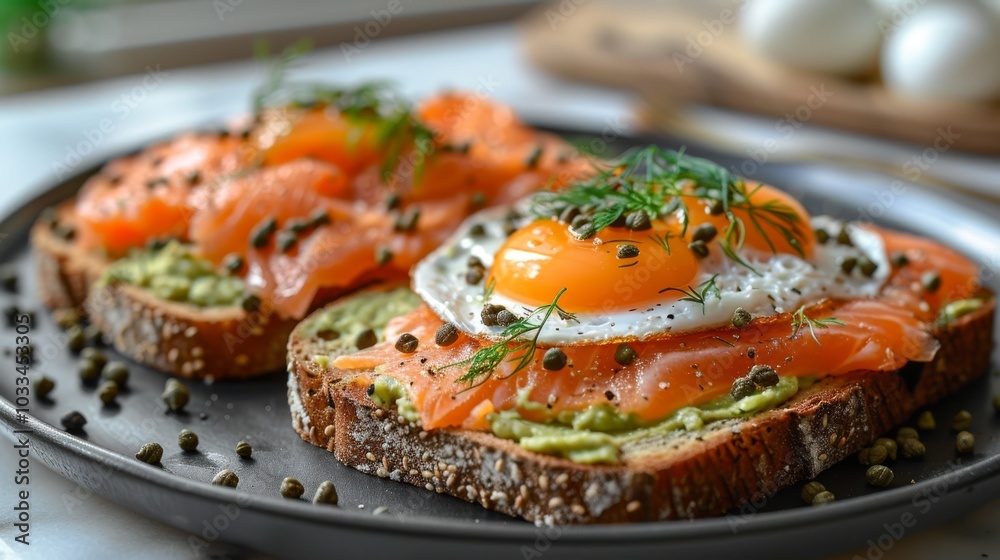 Two slices of bread topped with avocado, salmon, fried eggs, capers, and herbs on a plate. Concept breakfast and healthy eating. For food blog photos.. Two slices of bread topped with avocado, salmon, fried eggs, capers, and herbs on a plate. Concept breakfast and healthy eating. For food blog photos..