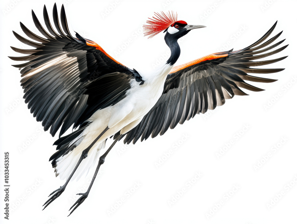 Fototapeta premium Red crowned crane elegantly soaring in isolation against a white background, showcasing its majestic wings and vibrant plumage