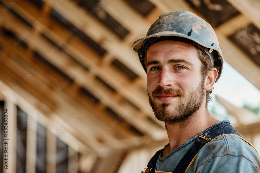 Fotografie Worker contractor wearing a hard hat on a building construction site generative