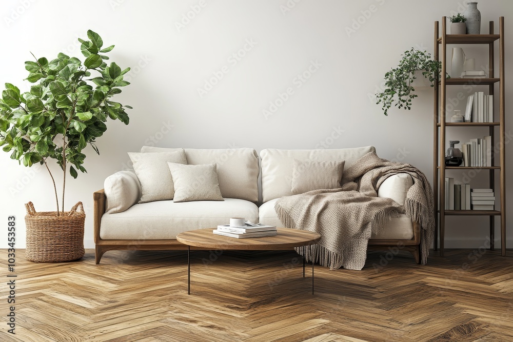 Fototapeta premium Modern scandianvian living room with design sofa with elegant blanket, coffee table and bookstand on the white wall. Brown wooden parquet. Concept of minimalistic, Generative AI