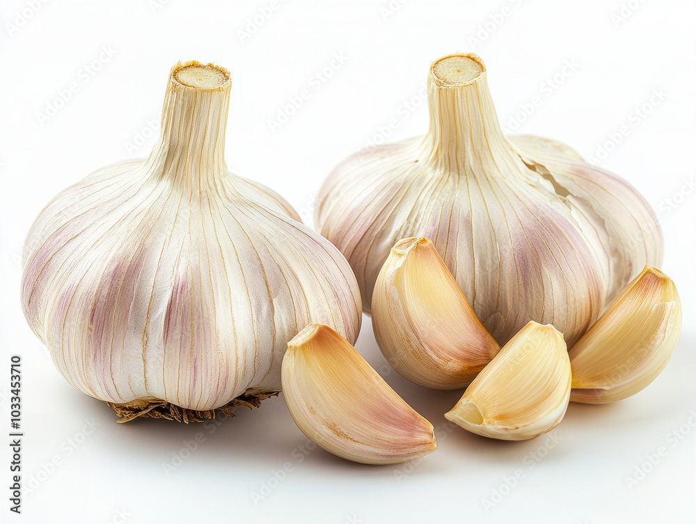 Obraz premium Fresh garlic bulbs and cloves isolated on a white background showcasing their natural texture and color