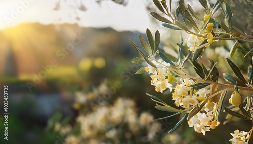 Olive tree branch blooming with delicate white flowers at sunset