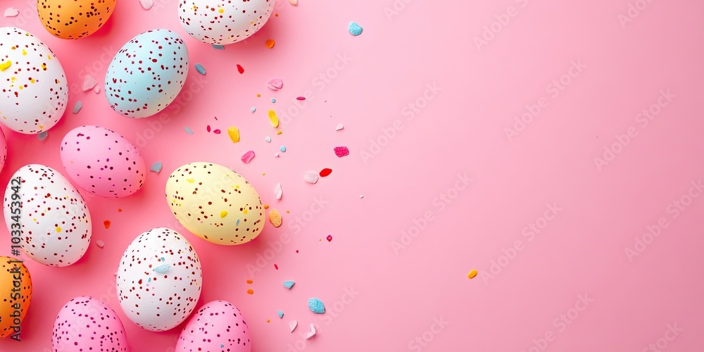 Colorful backdrop featuring Easter eggs on a pink surface. Easter celebration theme. Suitable for use as a poster, background, or holiday card. Flat lay, top view, copyspace. Colorful backdrop featuring Easter eggs on a pink surface. Easter celebration theme. Suitable for use as a poster, background, or holiday card. Flat lay, top view, copyspace.