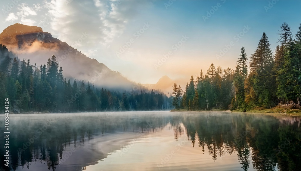 Fototapeta premium Sunrise is reflecting on a lake surrounded by a forest covered by fog