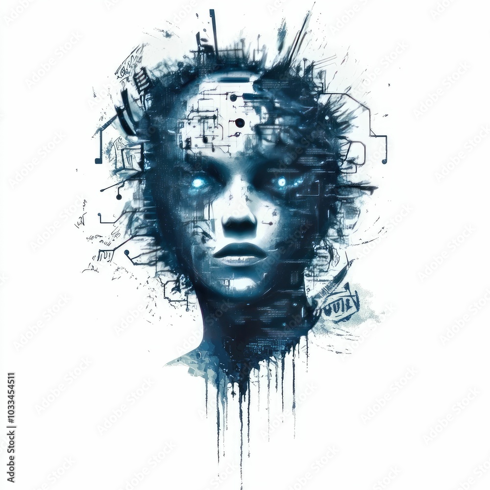 digital portrait with dissolving face surrounded by chaotic circuits code and graffiti like designs in a futuristic gritty and conceptual aesthetic digital portrait with dissolving face surrounded by chaotic circuits code and graffiti like designs in a futuristic gritty and conceptual aesthetic