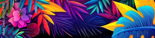 Brazil banner design featuring the Brazilian flag with geometric shapes, on a background that incorporates tropical motifs, palm leaves and flowers in the flag's colors.