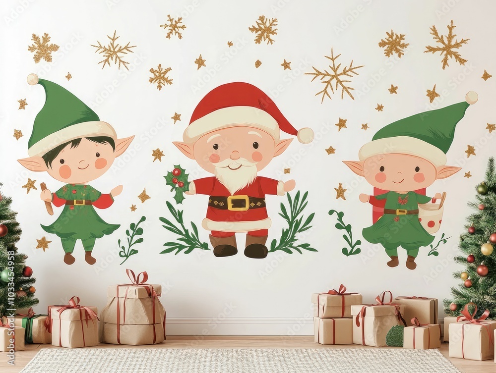 Fototapeta premium Delightful Christmas wall decals featuring a charming of Santa Claus and elves perfect for adding a festive touch to nursery and children s spaces