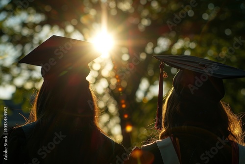 Two graduates in black caps and gowns standing in sunlight, captured from a back view. Ideal for graduationthemed designs or concepts. photo