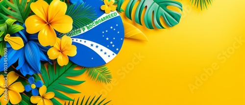 Brazil banner design featuring the Brazilian flag with geometric shapes, on a background that incorporates tropical motifs, palm leaves and flowers in the flag's colors.