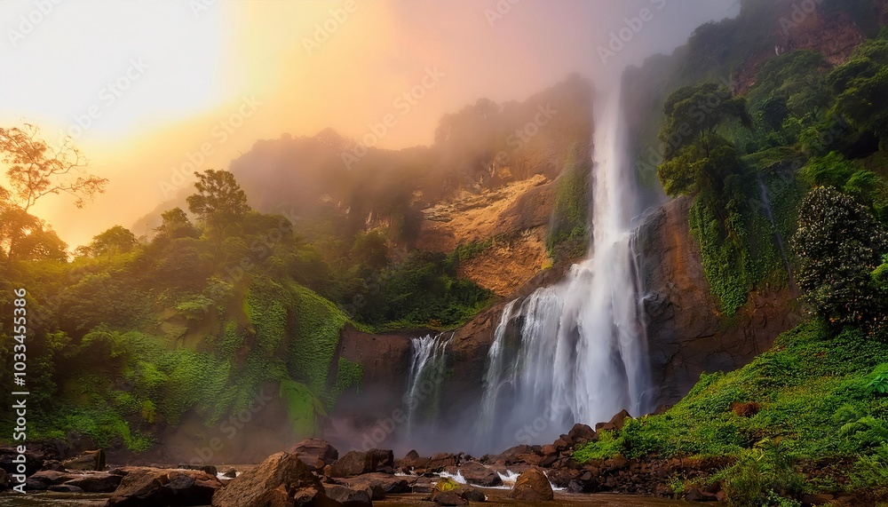 Waterfall cascading down mountain with fog at sunrise in lush green rainforest