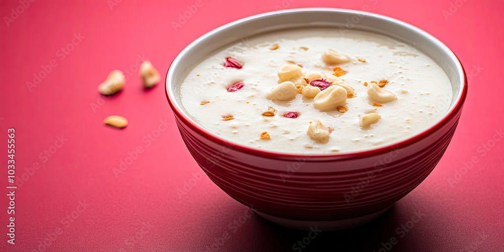 Closeup of Khoya Kheer Kadam or Raskadam on a white plate, set against a red background with copyspace for text. Closeup of Khoya Kheer Kadam or Raskadam on a white plate, set against a red background with copyspace for text.