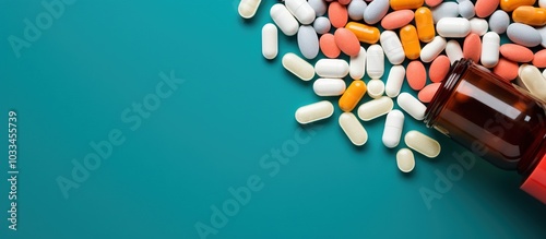 Top view with copy space, medicine bottle and scattered pills on color background