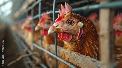 The chicken took its head out of the cage to eat. Laying hen farm. photo