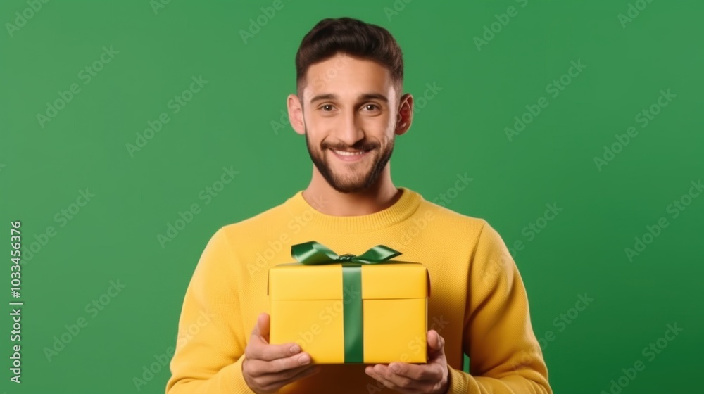 A cheerful man in a yellow sweater holds a gift box with a green ribbon, smiling against a green background, radiating warmth and generosity. A cheerful man in a yellow sweater holds a gift box with a green ribbon, smiling against a green background, radiating warmth and generosity.