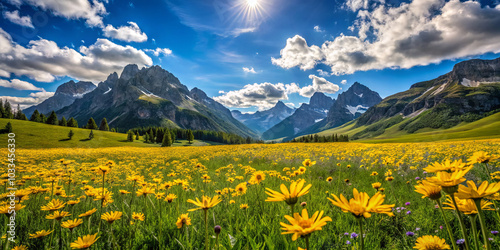 Lush green meadow filled with bright yellow daisies stretching across landscape, surrounded by majestic mountains under vibrant blue sky with fluffy clouds