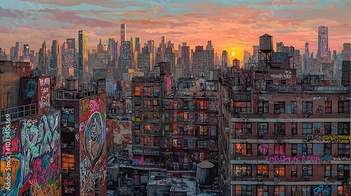 Urban Skyline at Sunset with Graffiti Art and Water Tower