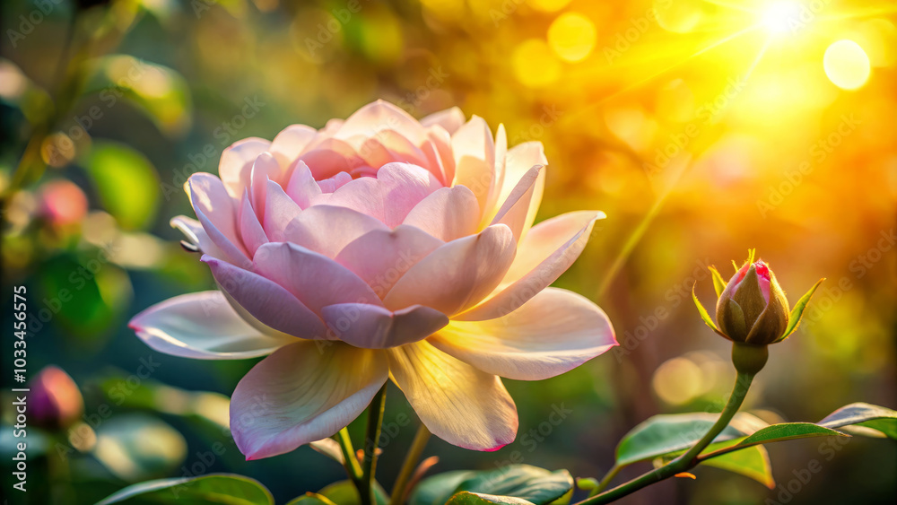 beautiful pink lotus flower blooms gracefully, revealing intricate petals and tender bud nearby, all illuminated by warm sunlight. scene evokes sense of tranquility and natural beauty
