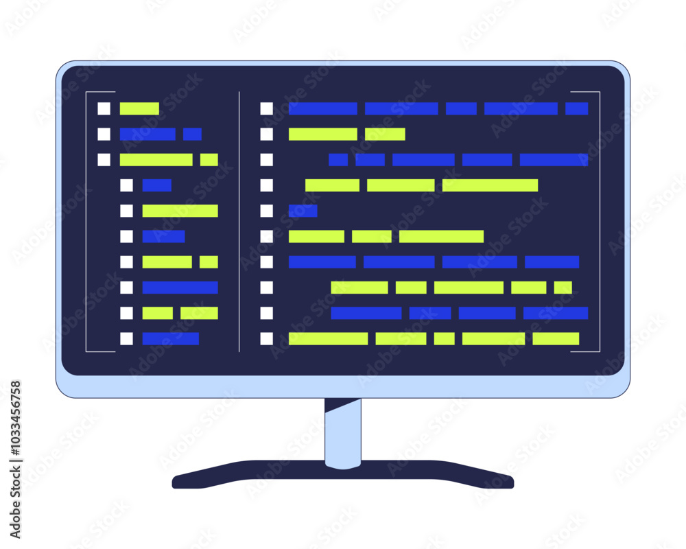 Computer monitor with programming syntax code 2D cartoon object. Coding digital display. Software engineering program isolated element flat vector clipart on white background. Spot illustration Computer monitor with programming syntax code 2D cartoon object. Coding digital display. Software engineering program isolated element flat vector clipart on white background. Spot illustration