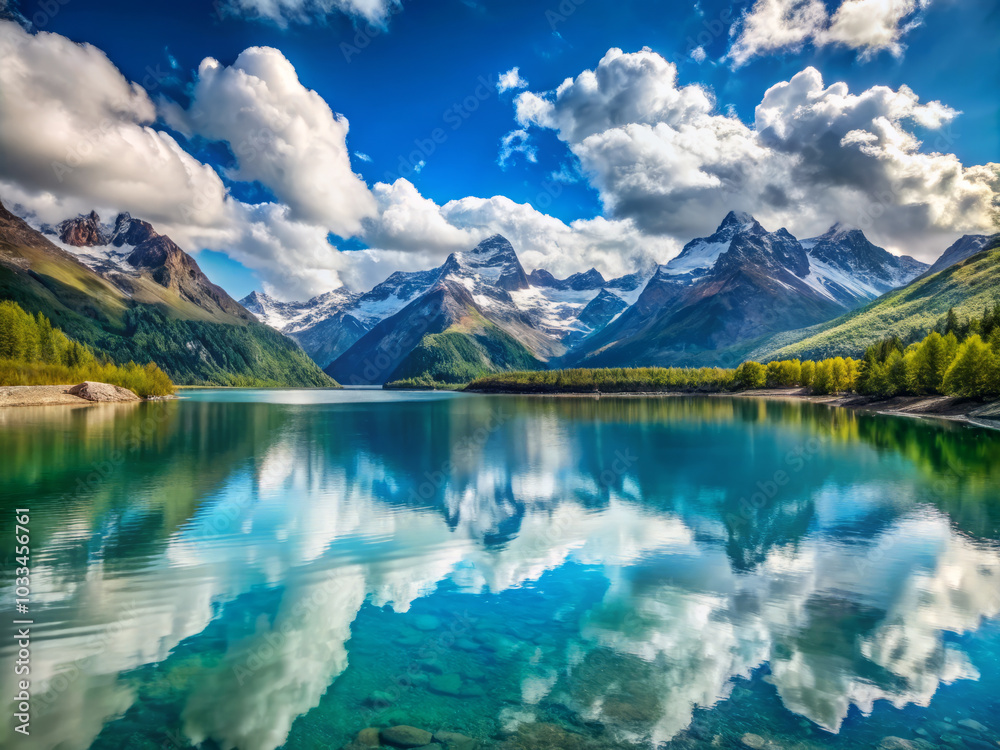 serene mountain lake reflects stunning blue sky and majestic peaks on clear day, creating peaceful and picturesque landscape serene mountain lake reflects stunning blue sky and majestic peaks on clear day, creating peaceful and picturesque landscape