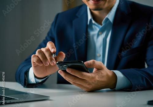 Business professional engaged in mobile communication while working at a desk with a laptop in a contemporary office setting