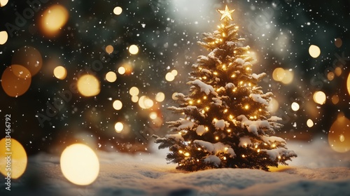 Christmas tree adorned with lights and snow, festive atmosphere, winter wonderland