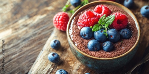 Food and drink, healthy eating and dieting idea. Homemade chocolate chia pudding topped with fresh berries and green thyme for breakfast on a comfortable kitchen table.