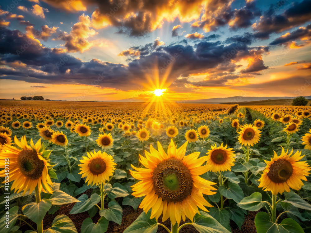 Obraz premium stunning sunset illuminates vast field of sunflowers, creating warm golden light that enhances beauty of nature. vibrant flowers stand tall, basking in sunlight