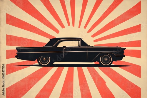 Retro sunburst design with a silhouette of a classic car 