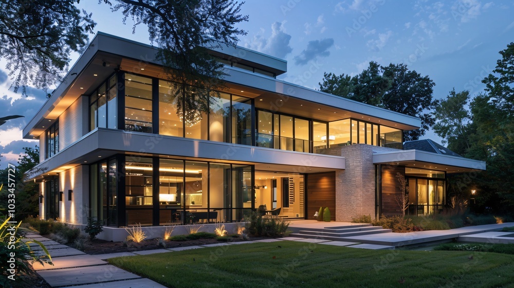 Modern Luxury Home with Expansive Windows and Stunning Nighttime Lighting Modern Luxury Home with Expansive Windows and Stunning Nighttime Lighting