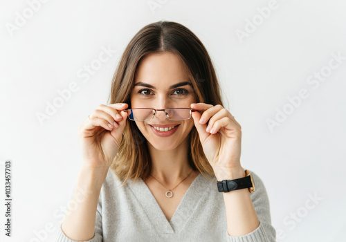 A woman smiling while holding her glasses up, posing confidently against a plain background in a bright indoor setting