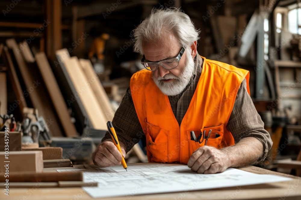Senior carpenter, working on a blueprint at his workshop, wears protective vest and glasses, surrounded by tools and wooden materials, woodworking concept Senior carpenter, working on a blueprint at his workshop, wears protective vest and glasses, surrounded by tools and wooden materials, woodworking concept
