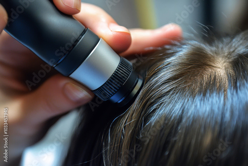 Wallpaper Mural Trichological and dermatological examination of the scalp and hair follicles of a Caucasian female patient in a cosmetology clinic. trichology concept. optical device microscope trichoscope close-up. Torontodigital.ca