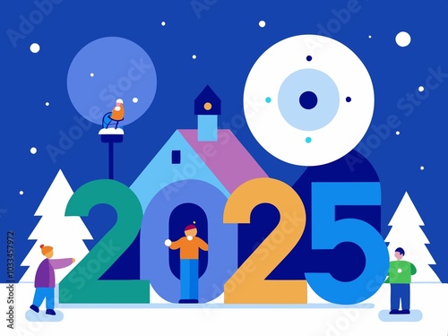 Wallpaper Mural Happy New Year and Merry Christmas. Winter landscape with people, houses, trees and snowflakes. Vector illustration.
 Torontodigital.ca