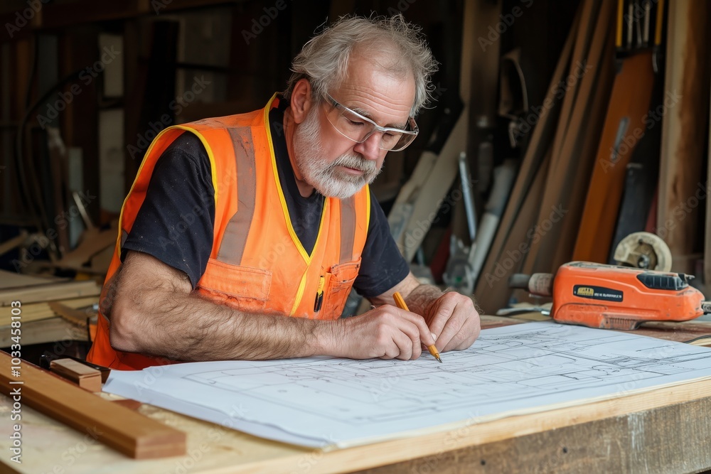 Senior carpenter, working on a blueprint at his workshop, wears protective vest and glasses, surrounded by tools and wooden materials, woodworking concept