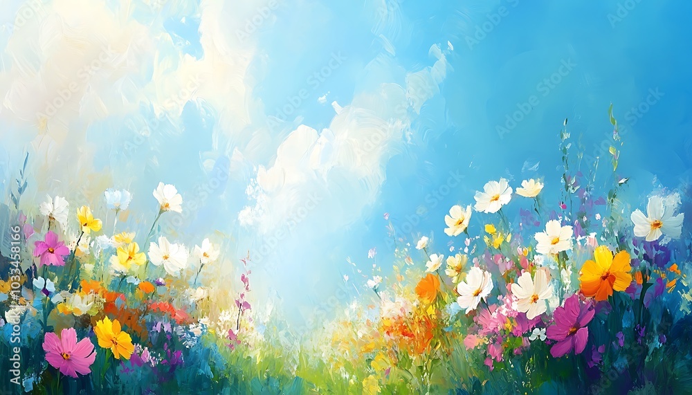 A vibrant landscape filled with colorful flowers under a bright blue sky, creating a peaceful and serene atmosphere. A vibrant landscape filled with colorful flowers under a bright blue sky, creating a peaceful and serene atmosphere.