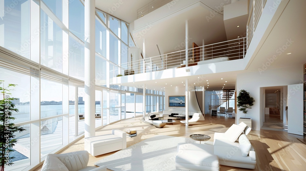 Modern Open Plan Living Room with Large Windows and Sea View Modern Open Plan Living Room with Large Windows and Sea View