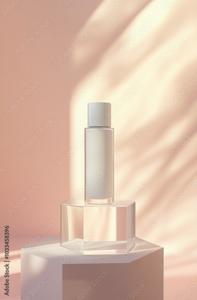 Minimalist Beauty Product Photography: White Bottle on Pastel Background Minimalist Beauty Product Photography: White Bottle on Pastel Background
