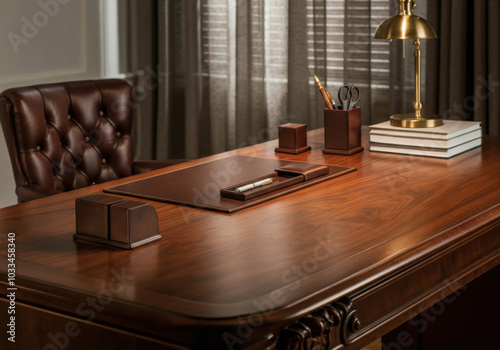 Elegant wooden desk setup with brown leather accents, writing tools, and stylish decor in a well-lit office space