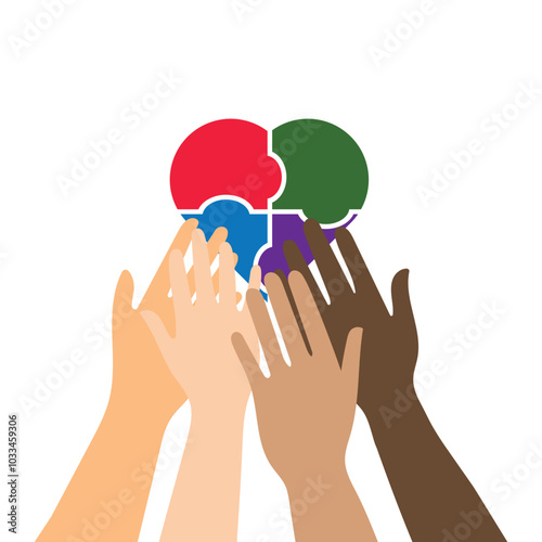 four Hands Holding love puzzle in Unity Illustration, Together we belong text suitable for diversity background ,