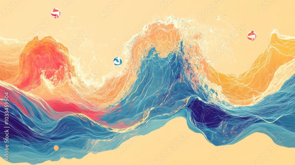 Fototapeta premium Volleyball score prediction through wave interference visualization art