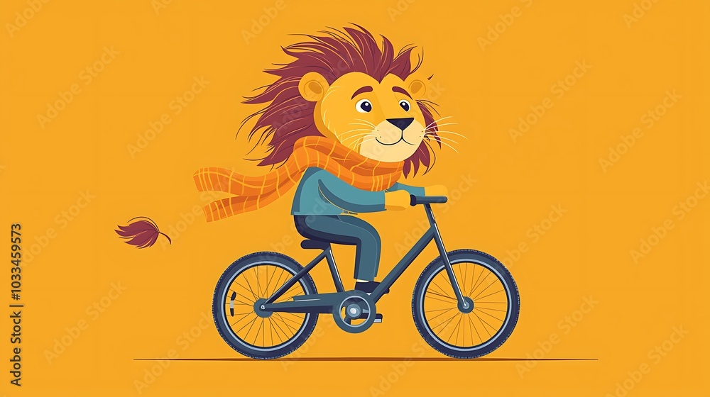 Cartoon Lion Riding a Bicycle with a Scarf Cartoon Lion Riding a Bicycle with a Scarf
